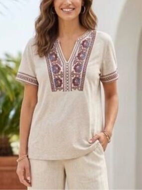 PURE JILL EMBROIDERED TEE OATMEAL/MULTI Split Neck 100% Cotton Short Sleeve M